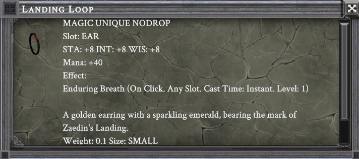 LANDING LOOP item card screenshot, slot EAR, lore: A golden earring with a sparkling emerald, bearing the mark of Zaedin's Landing.