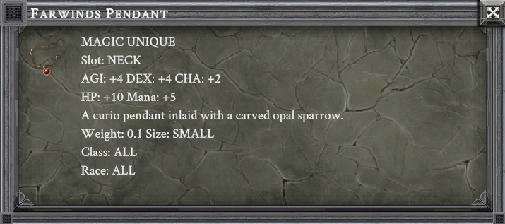 FARWINDS PENDANT item card screenshot, slot NECK, lore: A curio pendant inlaid with a carved opal sparrow.