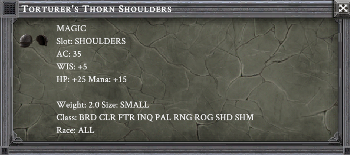 TORTURER'S THORN SHOULDERS item card screenshot, slot SHOULDERS
