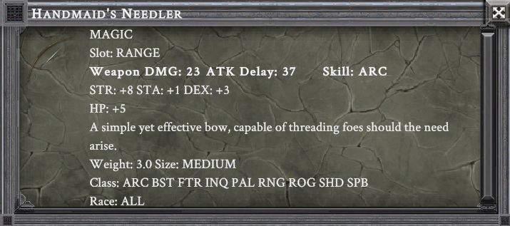 HANDMAID'S NEEDLER item card screenshot, slot RANGE, lore: A simple yet effective bow, capable of threading foes should the need arise.