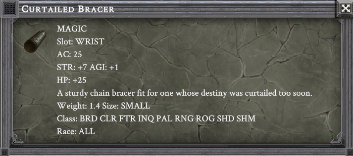 CURTAILED BRACER item card screenshot, slot WRIST, lore: A sturdy chain bracer fit for one whose destiny was curtailed too soon.