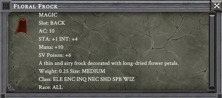 FLORAL FROCK item card screenshot, slot BACK, lore: A thin and airy frock decorated with long-dried flower petals.