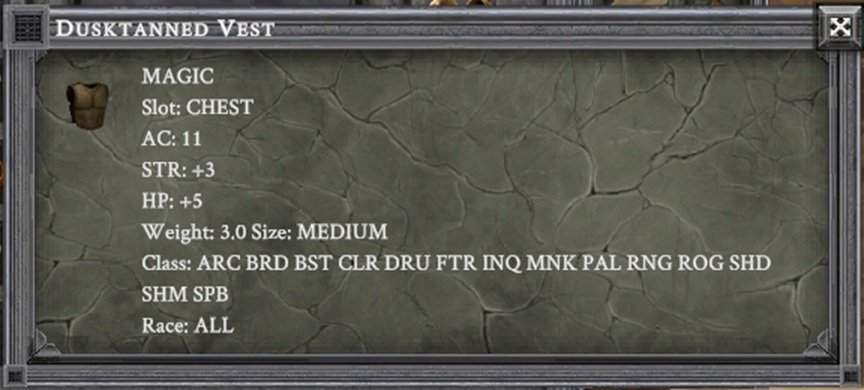 DUSKTANNED VEST item card screenshot, slot CHEST