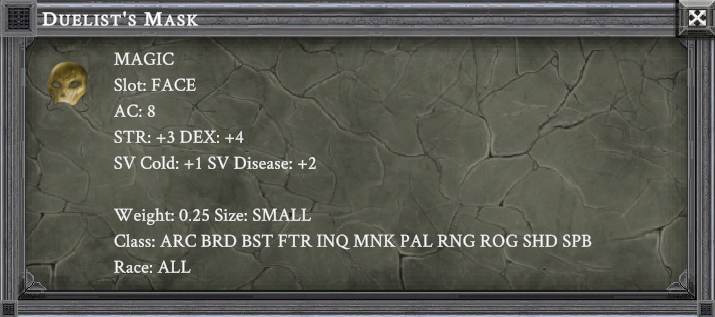 DUELIST'S MASK item card screenshot, slot FACE