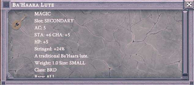 BA'HAARA LUTE item card screenshot, slot SECONDARY, lore: A traditional Ba'Haara lute.