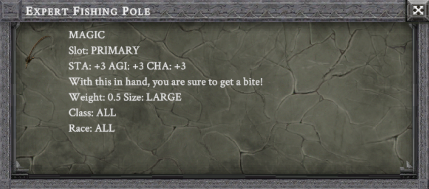EXPERT FISHING POLE item card screenshot, slot PRIMARY, lore: With this in hand, you are sure to get a bite!