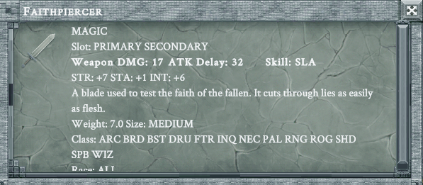 FAITHPIERCER item card screenshot, slot PRIMARY SECONDARY